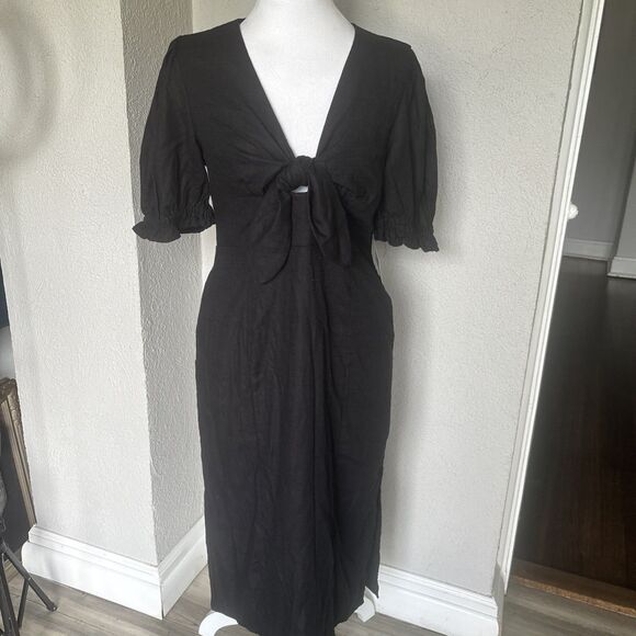 NWT Melloday Nordstrom Puff Sleeve Bow Linen Viscose Blend Maxi Dress Size Large - Picture 2 of 12